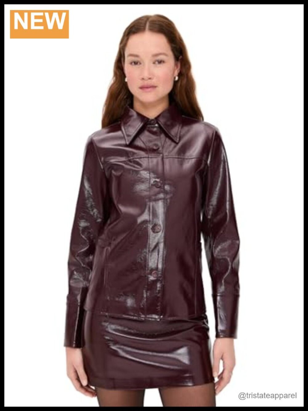 Faux Leather Moto Jacket Fitted Point Collar Long Sleeve Button Placket